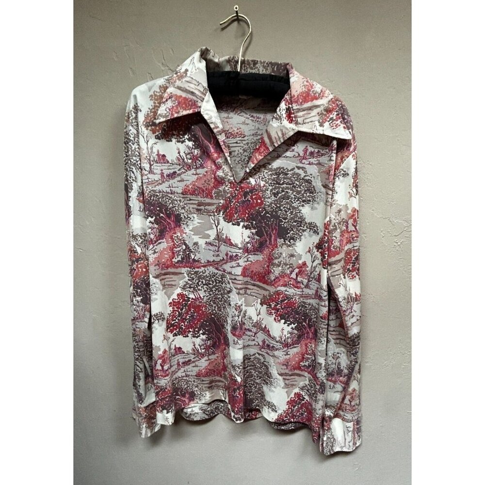 VTG David Harrison Acetate Blend Printed V-Neck Popover Shirt Large Long Sleeve